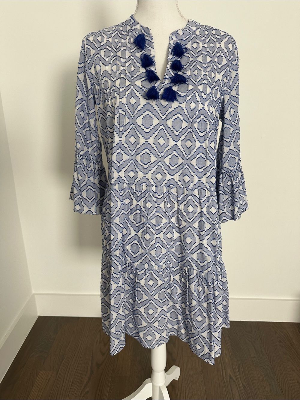 Tommy Bahama Blue and White Geometric Tassel Midi Dress